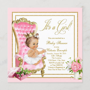 Invitación Silla de oro rosa princesa perla tutú baby shower