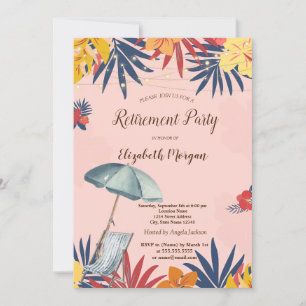Invitación Silla de playa, parasol, hojas de palmera hibisco