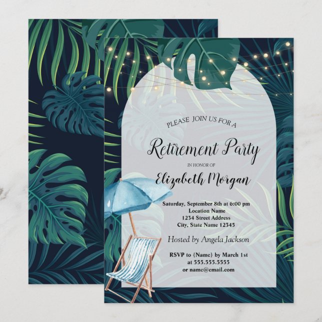 Invitación Silla de playa, Parasol, Jubilación de hojas de pa (Anverso / Reverso)