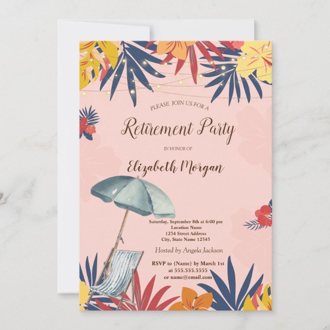 Invitación Silla de playa, Parasol, Palm Deja Hibiscus (Anverso)