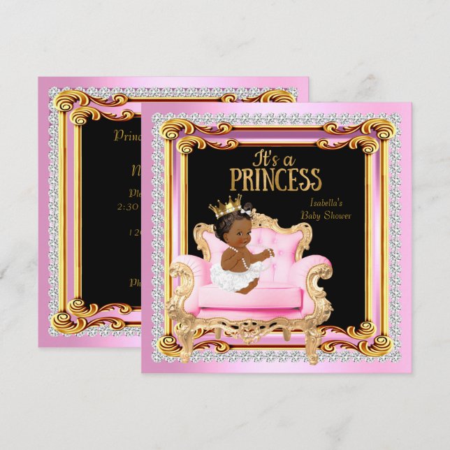 Invitación Silla de Princesa para Baby Shower Plateada Rosa D (Anverso / Reverso)