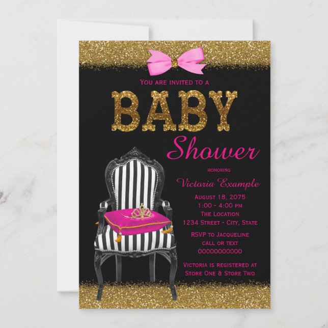 Invitación Silla de Princesa Rosa Caliente Dorado Negro Baby  (Anverso)