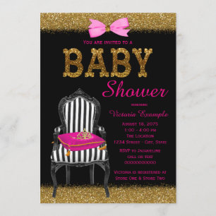 Invitación Silla de Princesa Rosa Caliente Dorado Negro Baby 