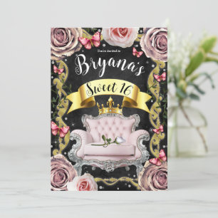 Invitación Silla de Rosa Princesa Rosa y Mariposas Dulces 16