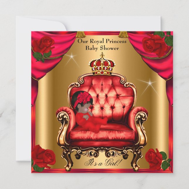 Invitación Silla de rosa roja dorada para baby shower de niña (Anverso)