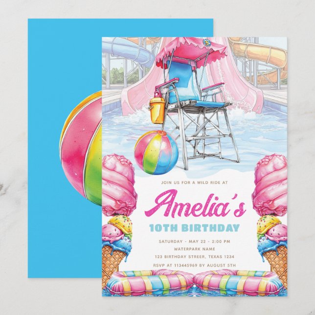 Invitación Silla de Salvavidas para Cumpleaños en Parque Acuá (Anverso / Reverso)