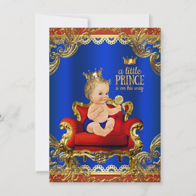 Invitación Silla Real Azul Oro Rojo Fiesta de Bebé Príncipe (Anverso)