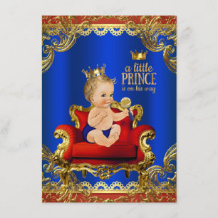 Invitación Silla Real Azul Oro Rojo Fiesta de Bebé Príncipe