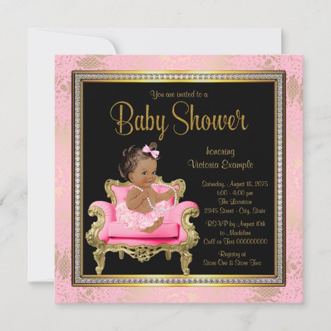 Invitación Silla Rosa Encaje Perlas Chica Étnica Baby Shower (Anverso)