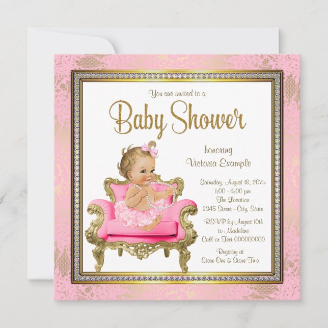 Invitación Silla Rosa Encaje Perlas Rosa Oro Baby Shower (Anverso)