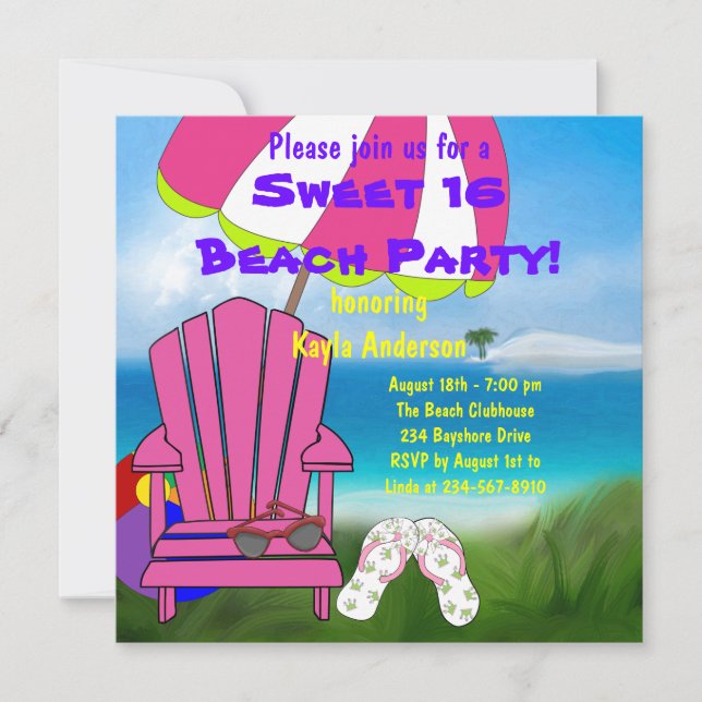 Invitación Silla rosa Flip Flops Sweet 16 Beach Fiesta (Anverso)