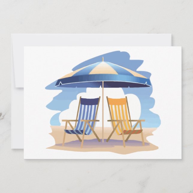 Invitación Sillas de playa rayadas azules y amarillas y parag (Anverso)