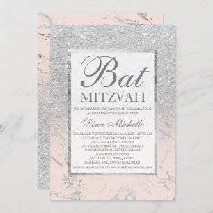 Invitación Sillver purpurina elegante mármol rubor Bat Mitzva