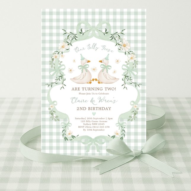 Invitación Silly Geese Twins Sage Green Bow Gingham Birthday (Subido por el creador)