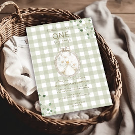 Invitación Silly Goose 1er cumpleaños Green Gingham