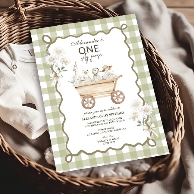 Invitación Silly Goose 1st Birthday Green Gingham (Subido por el creador)