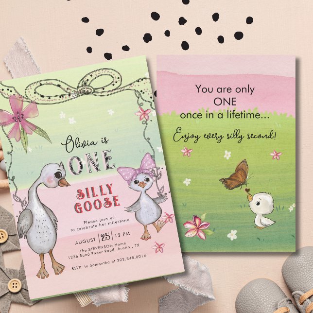 Invitación Silly Goose 1st Birthday Pink Bow Green Coquette  (Silly Goose 1st Birthday Pink Bow Green Coquette Invitation)
