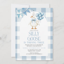 Invitación Silly Goose 3rd Birthday Blue Bow Gingham Balloon 