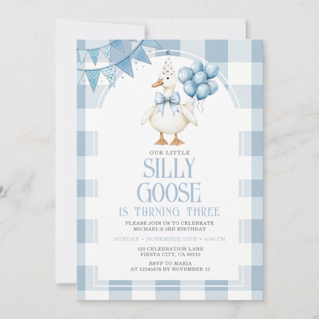 Invitación Silly Goose 3rd Birthday Blue Bow Gingham Balloon  (Anverso)