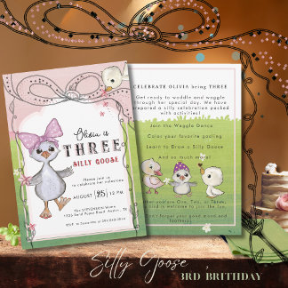 Invitación Silly Goose 3rd Birthday Girl Pink Bow Garden