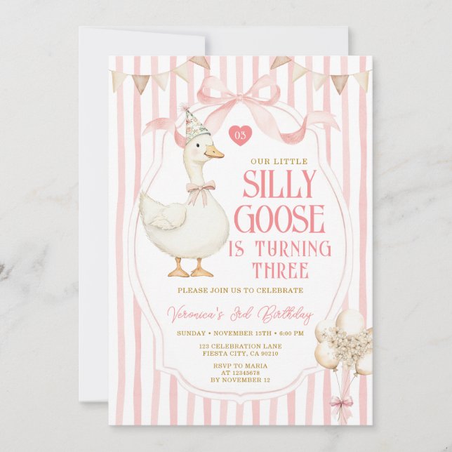 Invitación Silly Goose 3rd Birthday Pink Bow Stripe Balloon  (Anverso)