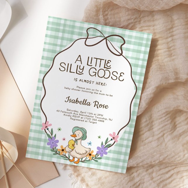 Invitación Silly Goose Baby Shower Green Gingham Neutral (Subido por el creador)