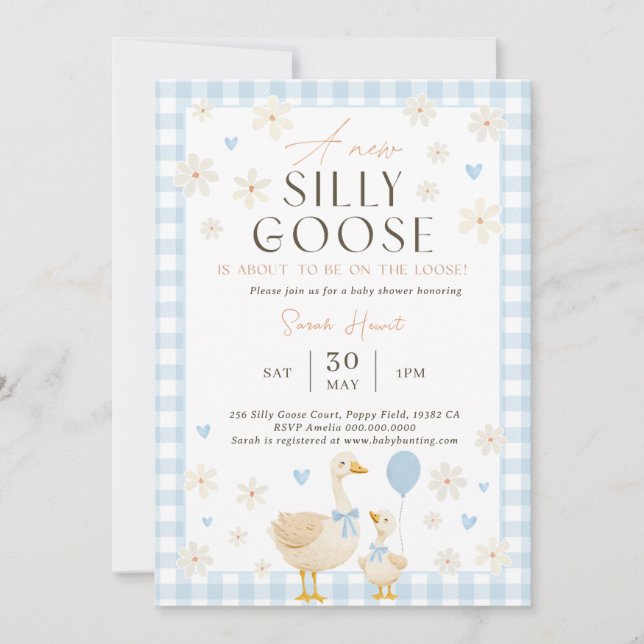 Invitación Silly Goose Baby Shower Invitation Boy, Blue Baby  (Anverso)