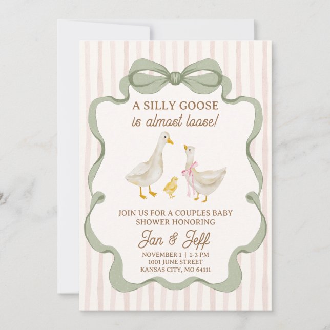 Invitación Silly Goose Baby Shower Invite Pink Stripe (Anverso)