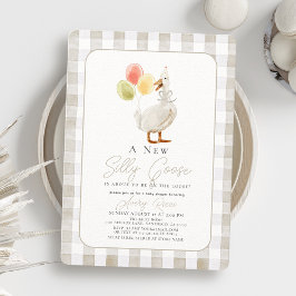 Invitación Silly Goose Beige Gingham Baby Shower
