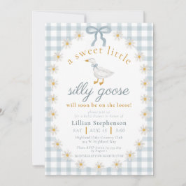 Invitación Silly Goose Blue Bow Daisy Gingham Baby Shower