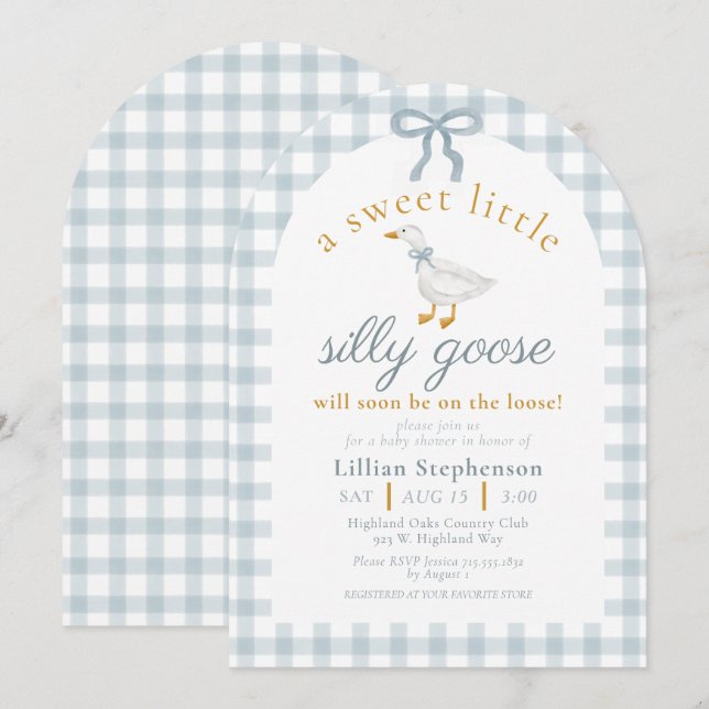 Invitación Silly Goose Blue Bow Duck Gingham Baby Shower Arch (Anverso / Reverso)