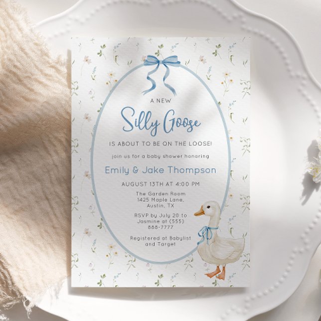 Invitación Silly Goose Blue Bow Floral Baby Shower (Subido por el creador)