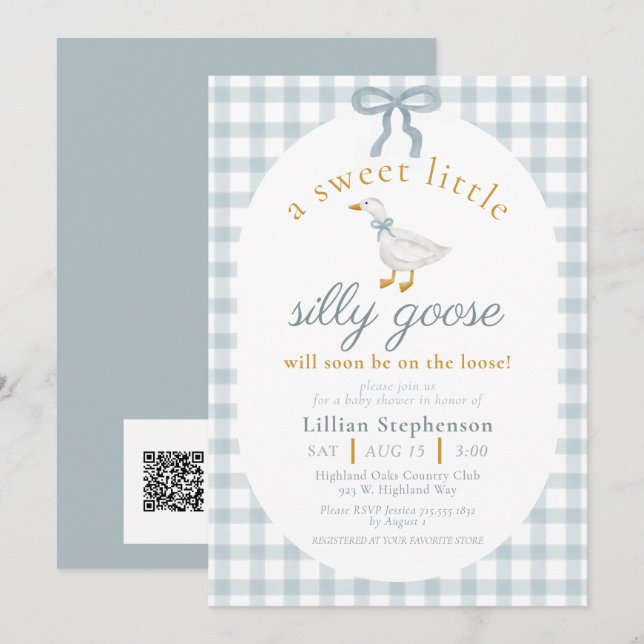 Invitación Silly Goose Blue Bow Gingham Baby Shower QR Code (Anverso / Reverso)