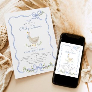 Invitación Silly Goose Blue Floral Bow Baby Ducha