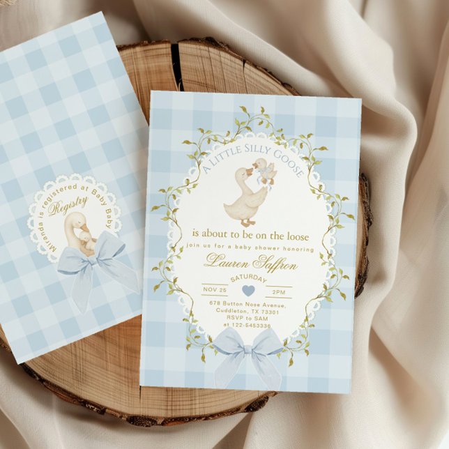 Invitación Silly Goose Blue Gingham Baby Boy Shower (Subido por el creador)
