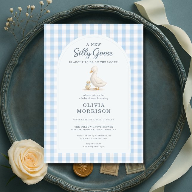 Invitación Silly Goose Blue Gingham Baby Shower (Subido por el creador)