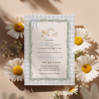 Invitación Silly Goose Blue Gingham Baby Shower Invitation