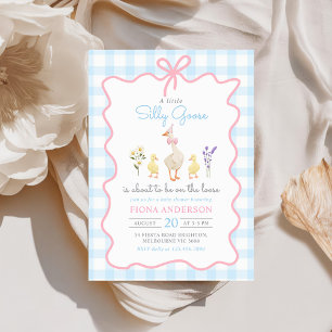 Invitación Silly Goose Blue Gingham Bow Duck Baby Shower