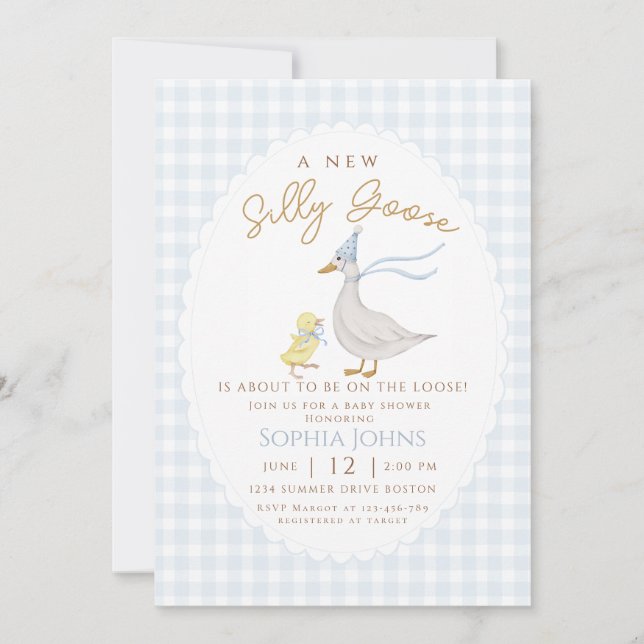 Invitación Silly Goose Blue Gingham Bow Duck Boy Baby Shower (Anverso)