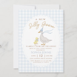 Invitación Silly Goose Blue Gingham Bow Duck Boy Baby Shower