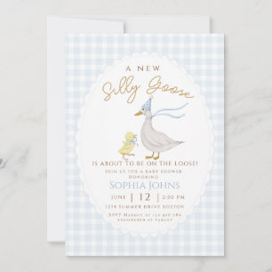 Invitación Silly Goose Blue Gingham Bow Duck Boy Baby Shower