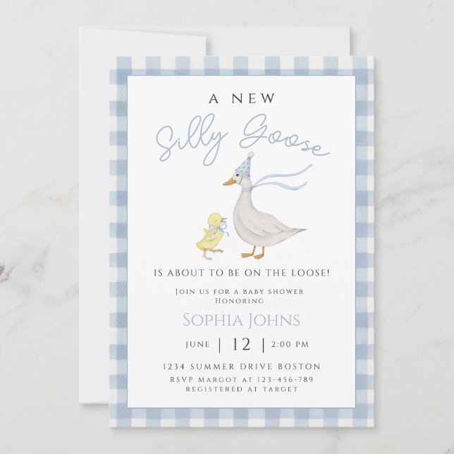 Invitación Silly Goose Blue Gingham Bow Duck Boy Baby Shower (Anverso)