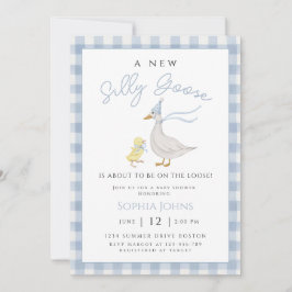Invitación Silly Goose Blue Gingham Bow Duck Boy Baby Shower