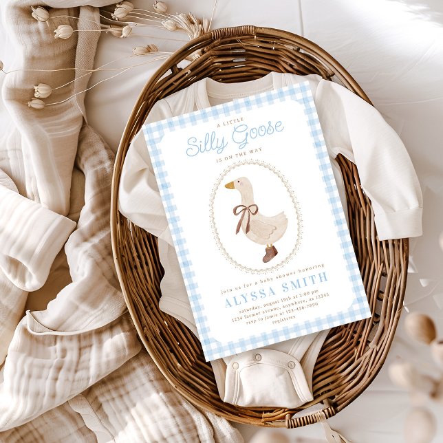 Invitación Silly Goose Blue Gingham Boy Baby Shower (Subido por el creador)