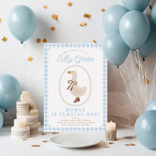 Invitación Silly Goose Blue Gingham Boy Birthday
