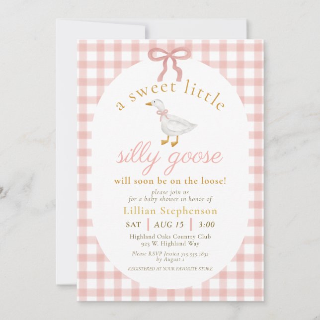 Invitación Silly Goose Blush Pink Bow Gingham Baby Shower  (Anverso)