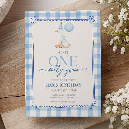 Invitación Silly Goose First Birthday Blue Gingham Boy