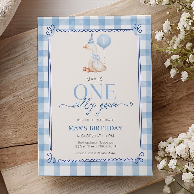 Invitación Silly Goose First Birthday Blue Gingham Boy  (Subido por el creador)