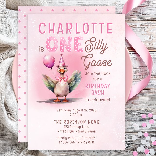Invitación Silly Goose First Birthday Pink Girl Party (Sweet pink silly goose first birthday invitation with watercolor party goose and balloon)
