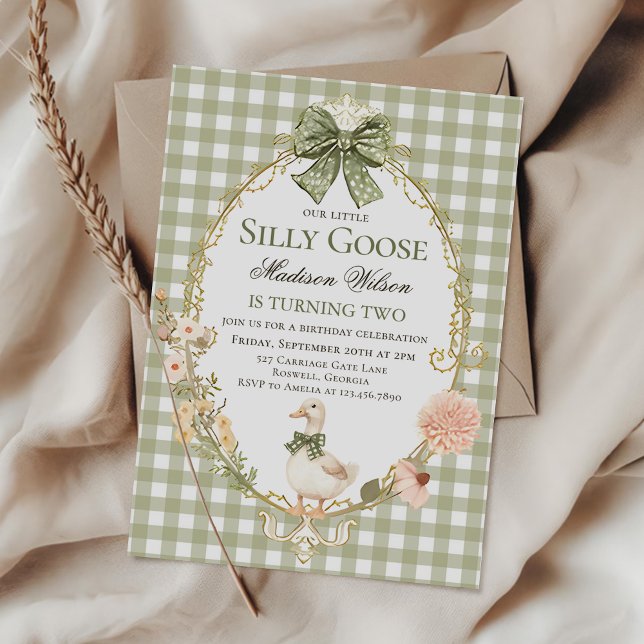 Invitación Silly Goose Floral Green Gingham Birthday Party (Subido por el creador)